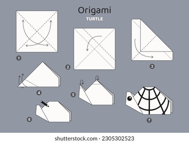 Turtle origami scheme tutorial moving model on grey backdrop. Origami for kids. Step by step how to make a cute origami turtle. Vector illustration.