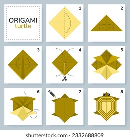 Modelo de movimiento de tutorial de esquema de origami de tortuga. Origami para los niños. Paso a paso cómo hacer una linda tortuga de origami. Ilustración vectorial.