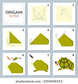 Modelo de movimiento de tutorial de esquema de origami de tortuga. Origami para los niños. Paso a paso cómo hacer una linda tortuga de origami. Ilustración vectorial.