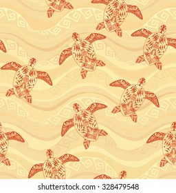 Turtle Ornament on the background of the sea waves. Mehndi style. Seamless pattern.