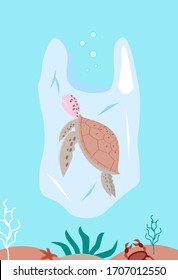 Turtle in the pack. Animals die from litter in ponds. Say no to the plastic. Ocean pollution. Ecological catastrophe. The concept of rejection of plastic. Vector illustration