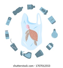 Turtle in the pack. Animals die from litter in ponds. Say no to the plastic. Ocean pollution. Ecological catastrophe. The concept of rejection of plastic. Vector illustration