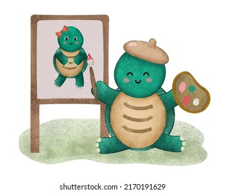 The turtle painter painting girlfriend on canvas in watercolor painting for postcard design, vector illustration