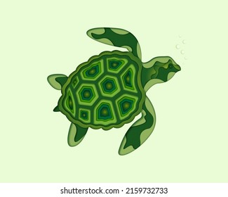 Turtle in paper cut style. Sea animal vector illustration. Nautical concept for aquarium, diving courses, ecotourism. World ocean day.