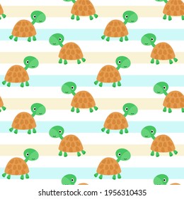Turtle pattern. Cute cartoon characters, repeating pattern. Vector background for baby design. Colored stripes. Sand and sea.
