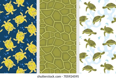 Turtle pattern. Seamless vector pattern set. Cute funny turtles colorful backgrounds