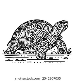 A turtle with a patterned shell walks across a field. The image has a calm and peaceful mood, with the turtle being the main focus