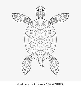 Turtle with patterns coloring page. Hand drawing coloring book for children and adults. Beautiful drawings with patterns and small details. Vector.