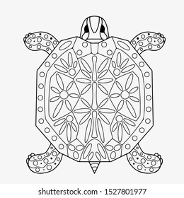 Turtle with patterns coloring page. Hand drawing coloring book for children and adults. Beautiful drawings with patterns and small details. Vector.