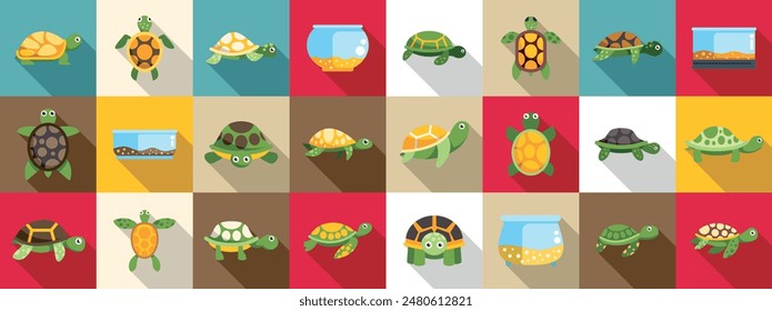 Schildkröte Pet Symbole gesetzt. Schildkröten-Icon-Set mit verschiedenen Arten von Schildkröten in verschiedenen Posen, zusammen mit einem Schildkröten-Tank, ideal für Tierladen oder Zoo ähnliche Designs