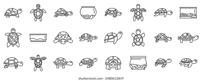 turtle pet icons set. Set of various turtle poses crawling and swimming in terrarium line art icons