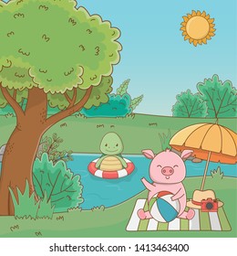 Turtle and pig in forest design vector illustration Turtle and pig in forest design vector illustration