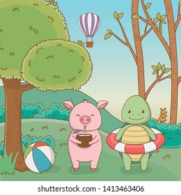 Turtle and pig in forest design vector illustration
