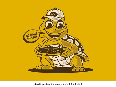 Turtle pizza, no more hungry. Mascot character illustration of a turtle holding a pizza