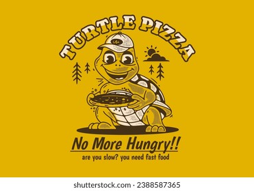 Turtle pizza, no more hungry. Mascot character illustration of a turtle holding a pizza
