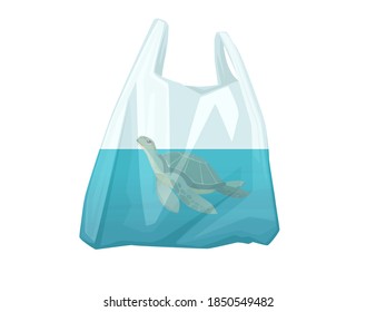 Turtle in plastic bag abstract illustration pollution problem flat vector illustration on white background
