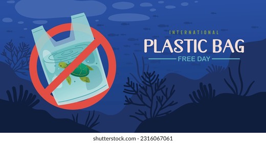 Turtle In Plastic Bag, International Plastic Bag Free Day, Underwater Ocean Background With Fish And Sea life, Vector, Illustration