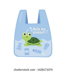 Turtle in a plastic bag say no to plastic.
Pollution problem concept .