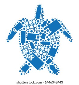 turtle with plastic pollution and plastic bag, bottle, plastic cup, straw, beverage holder in the sea and ocean