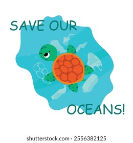 Turtle and plastic pollution. Save ocean concept with tiny turtle in dirty water. Environment ecology problems, sea animals nature in danger, nowaday vector banner