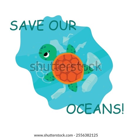 Turtle and plastic pollution. Save ocean concept with tiny turtle in dirty water. Environment ecology problems, sea animals nature in danger, nowaday vector banner