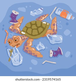 Turtle and plastics in the sea