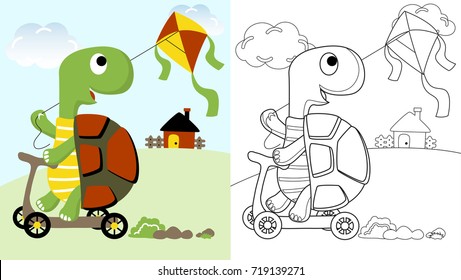 Turtle Playing Kite, Vector Cartoon, Coloring Page Or Book