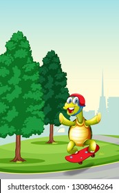 Turtle playing skateboard at the park illustration