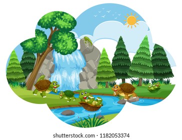 Turtle playing in waterfall scene illustration