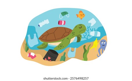 a turtle in polluted ocean with plastic and trash