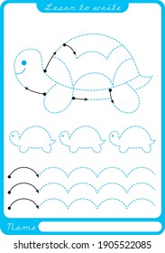 Turtle. Preschool worksheet for practicing fine motor skills - tracing dashed lines. Tracing Worksheet.  Illustration and vector outline - A4 paper ready to print.