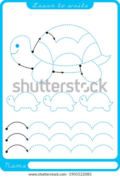 Turtle. Preschool worksheet for
practicing fine motor skills - tracing dashed lines. Tracing
Worksheet.  Illustration and vector outline - A4 paper ready to
print.