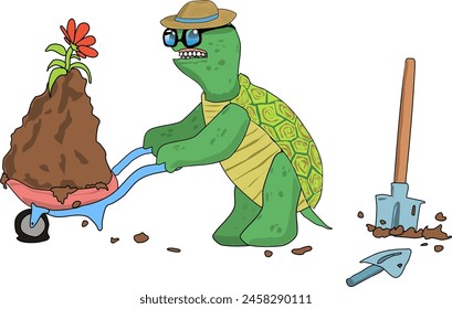 A turtle pulls a construction cart with a pile of dirt and a flower that has just been dug up with a shovel. Vector illustration a turtle in a straw hat overcoming the weight pulls a cart with a