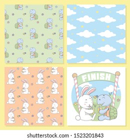 Turtle and Rabbit Drink, Cloud Seamless pattern. Vector Illustration, ready for print.