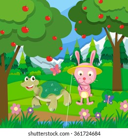 Turtle and rabbit fishing by the river illustration