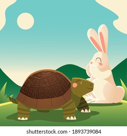 turtle and rabbit in the grass cartoon animals vector illustration