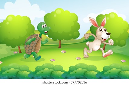 Turtle And Rabbit Running In Park Illustration