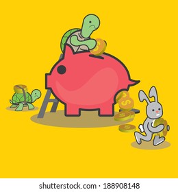 turtle Rabbit saving and spending money - vector 