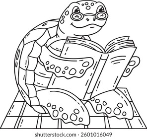 Turtle Reading a Book Isolated Coloring Page 