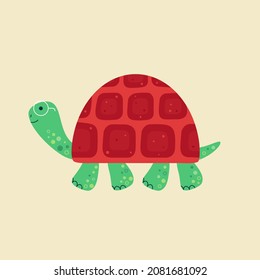 A turtle with a red shell is walking through the desert. 