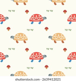 Turtle red and yellow cartoon so cute. On  mushrooms grass background. Pattern seamless vector illustration.  