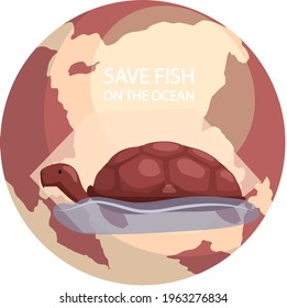 Turtle, reptile on background of planet. Eco friendly, nature conservation, environmental protection. Representative of biodiversity, marine inhabitant, sea creature. Save fish in ocean concept