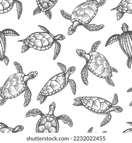 Turtle reptile sketches seamless pattern of marine animals and land reptiles. Vector background of sea turtles, terrapins and tortoises with shells, flippers and heads, hand drawn backdrop design