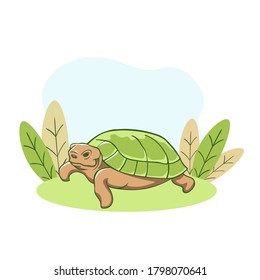 Turtle resting on lawn. Relaxed old animal with green shell dozing calmly in sunny meadow enjoyable after dinner rest natural vector design.