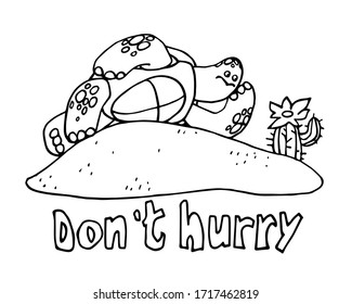 turtle resting on the sand with a cactus, the concept of vacation, procrastination, laziness, vector illustration with black contour lines isolated on a white background in a doodle & hand drawn style