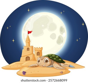 A turtle rests near a sandcastle under moonlight