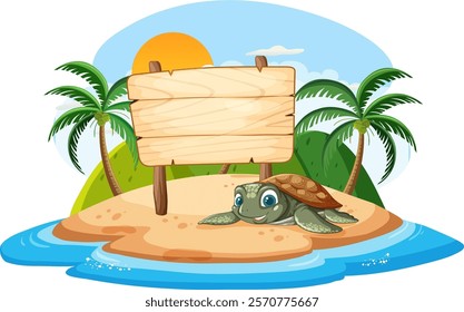 A turtle rests on a sunny island beach