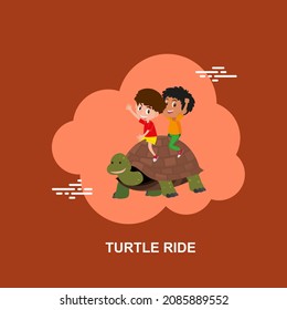 Turtle ride by young childrens flat concept vector design