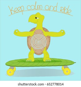 The turtle rides on the longboard and meditates. Postcard to the international day of skateboarding with words