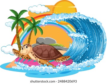 Turtle riding a wave near a tropical island